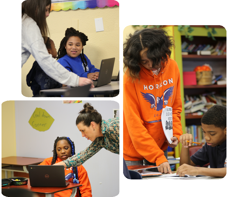 Collage showcasing various student activities including academics, science, and hands-on projects.